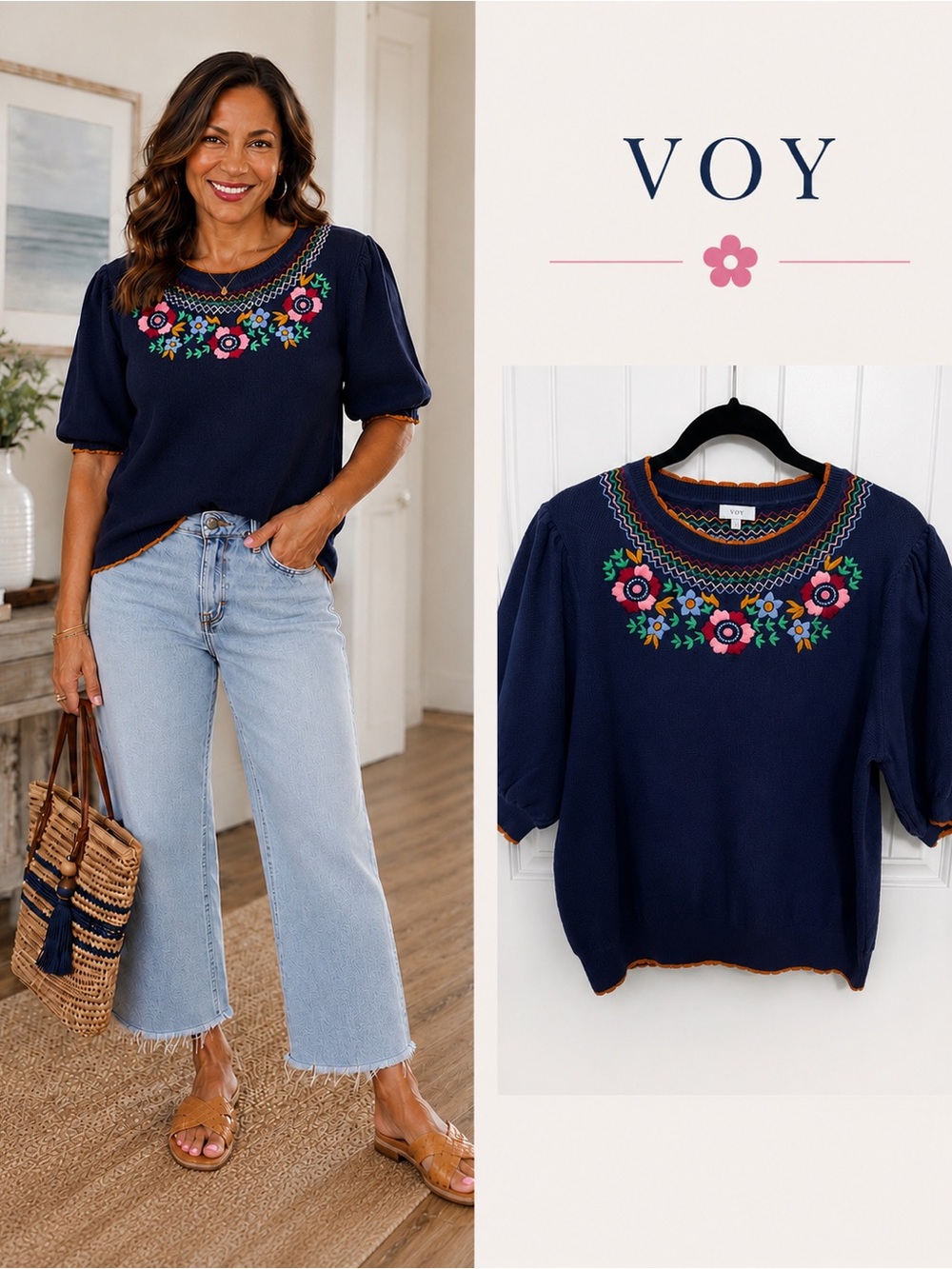 Voy Navy Embroidered Floral Puff Sleeve Top